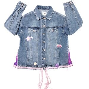 YMI Denim Jacket Distress Patchwork Boho Fairycore Fringe Hem Size L